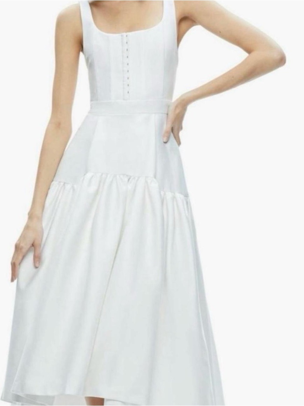 Alice + Olivia White Square-Neck Tiered Drop Waist Midi Dress *broken zipper*